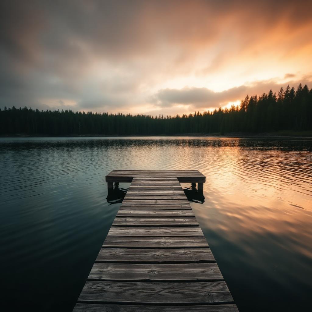 Wooden dock extending into a calm northern Michigan lake at sunset